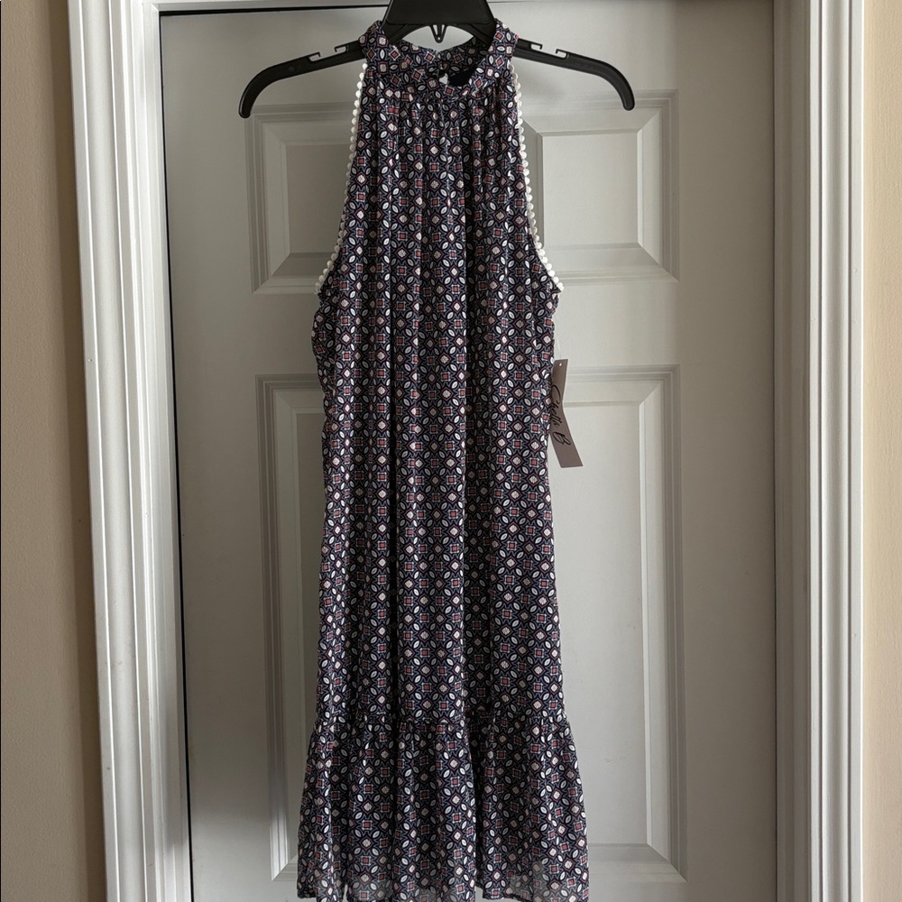 Chetta B Gemoetric Print Halter navy/coral knee length Dress Size 10 NWT